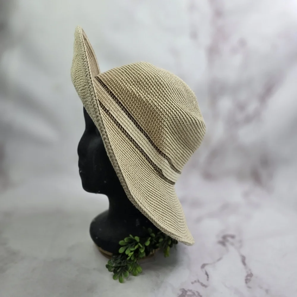 Vintage Sun Hat Floppy 90s Ladies Wide Brim Beach Shade Fabric Soft Straw S M - Picture 3 of 8